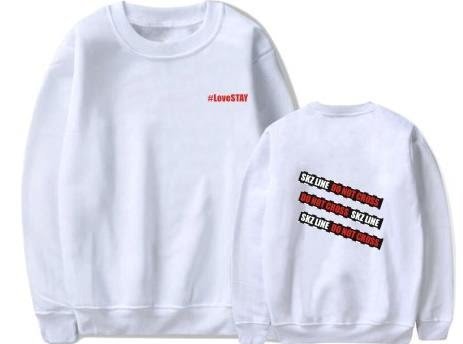 Soft white sweatshirts with bold K-pop inspired text prints, perfect for K-pop merchandise fans.