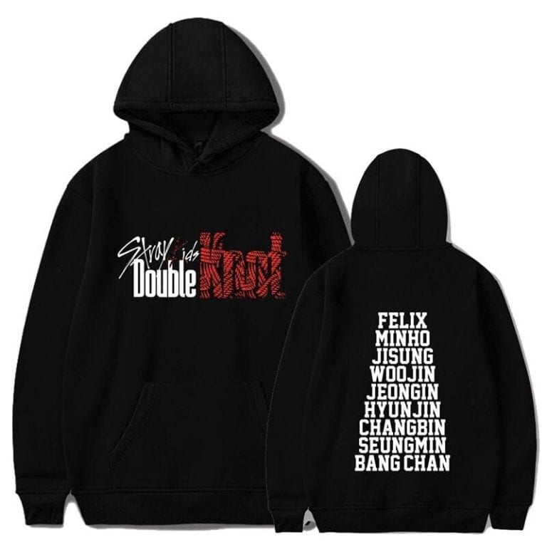 Black K-pop mascot hoodie with group names and double slogan printed design.