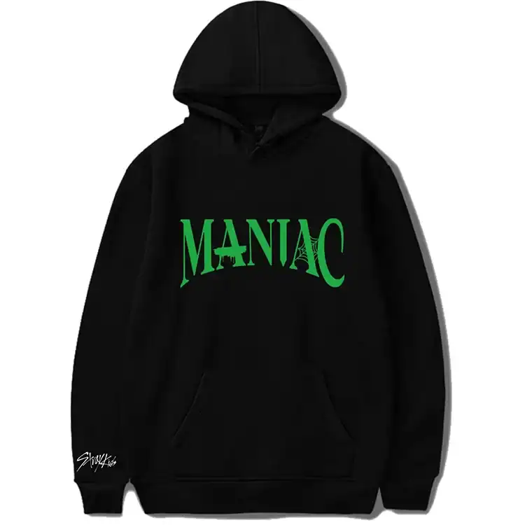 MANIAC hoodie with green text and graphic print.