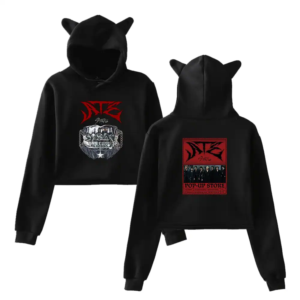Dark hoodie with K-pop band graphics and cat ear details, perfect for K-pop merch fans.