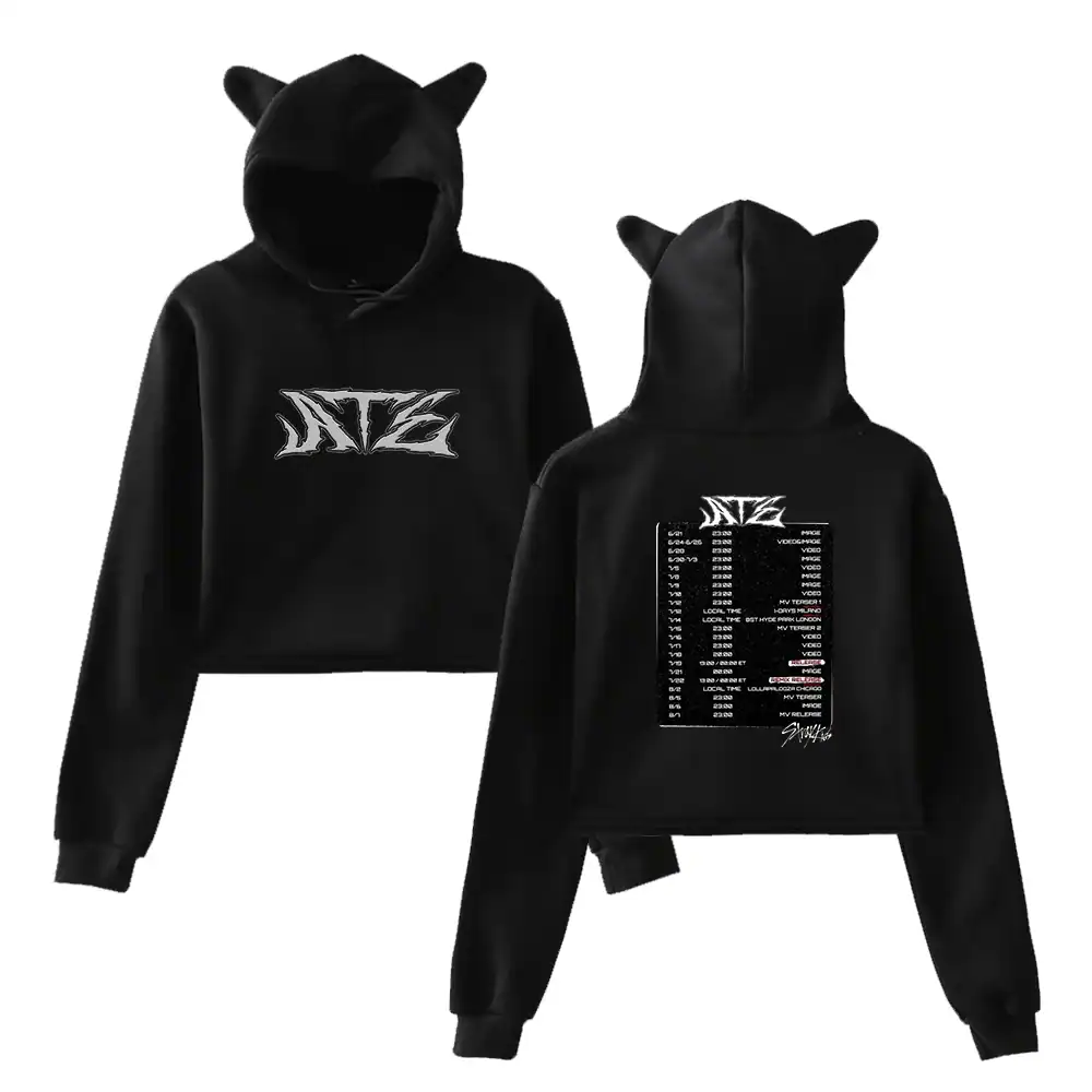 Black hooded sweatshirt with kat ears and "ATEZ" logo, trendy K-pop merch for fans.