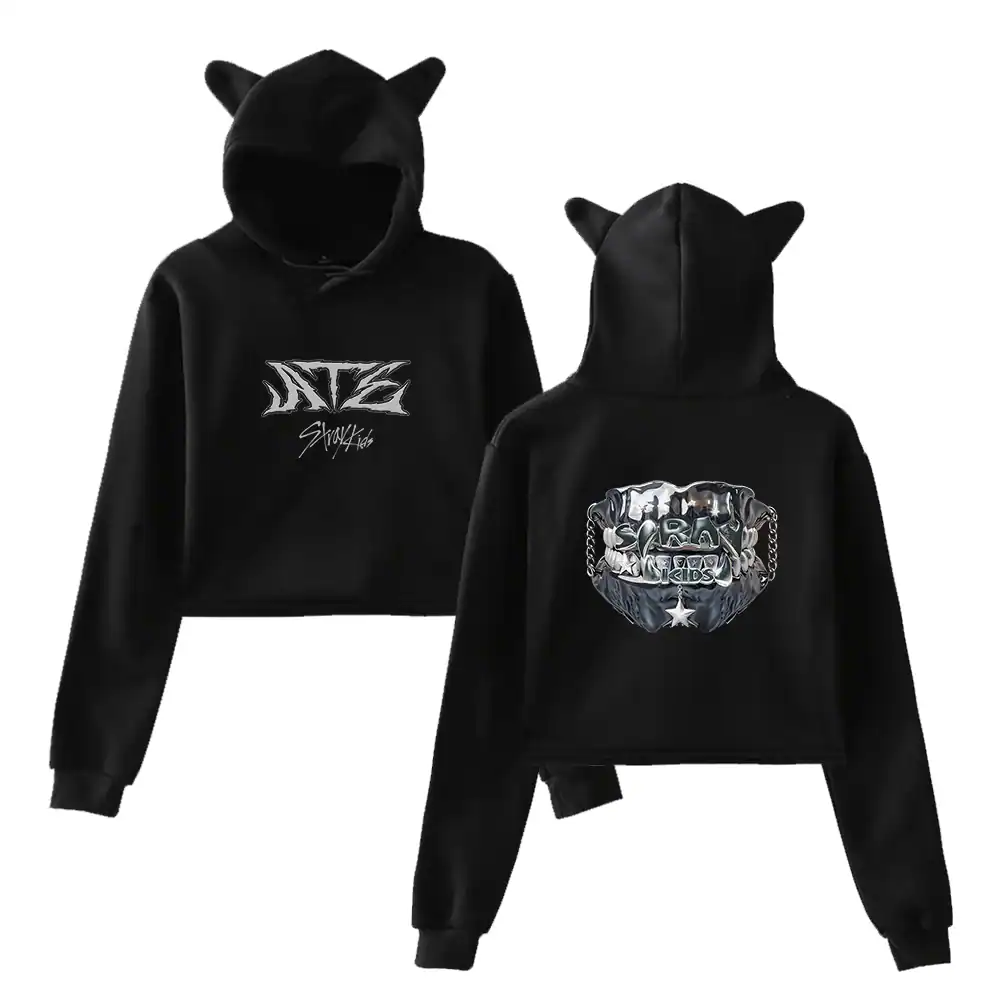 Stylish black K-pop hoodies with cat ears, featuring vibrant graphic designs for fans of STRAY KIDS and NTC. Perfect for trendy K-pop merch collections.