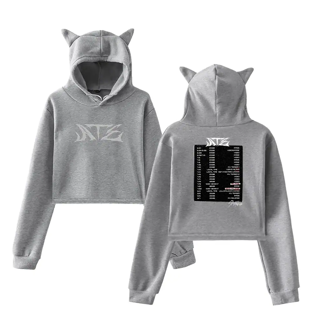 Cute grey hoodie with cat ears on the hood, featuring a trendy graphic design on front and back, perfect for K-pop fans and merch collectors.