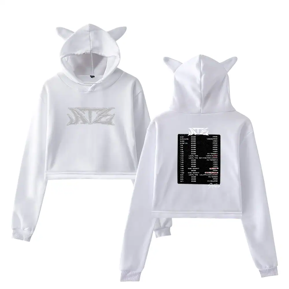 Cute white hoodie with cat ears and a graphic print, perfect for K-pop fans.