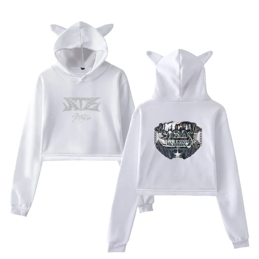 White K-pop hoodie set with embroidered and graphic designs, featuring cute cat ear details on the hood.