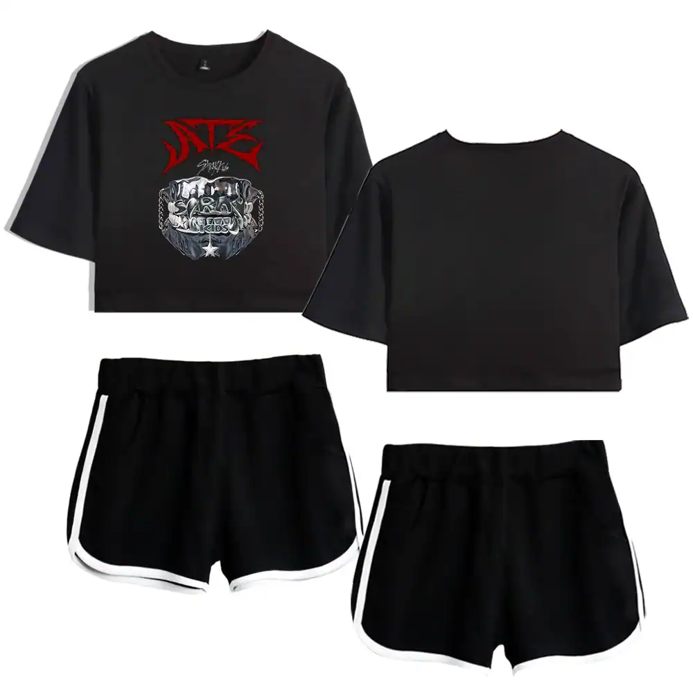 Black crop top with graphic print and matching black shorts, stylish K-pop fan apparel, comfortable and trendy clothing for K-pop enthusiasts.