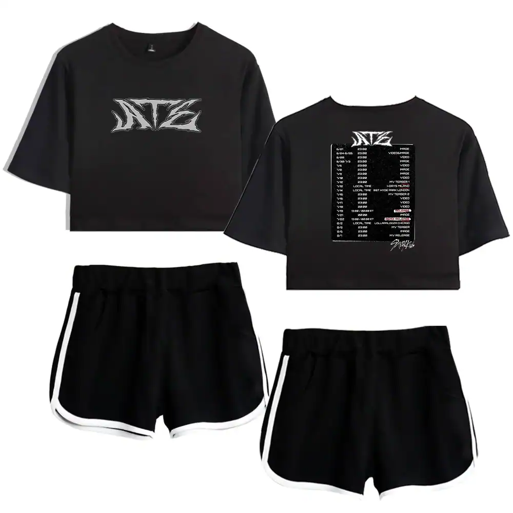 Black two-piece outfit with graphic T-shirts and shorts, perfect for K-pop merchandise fans.