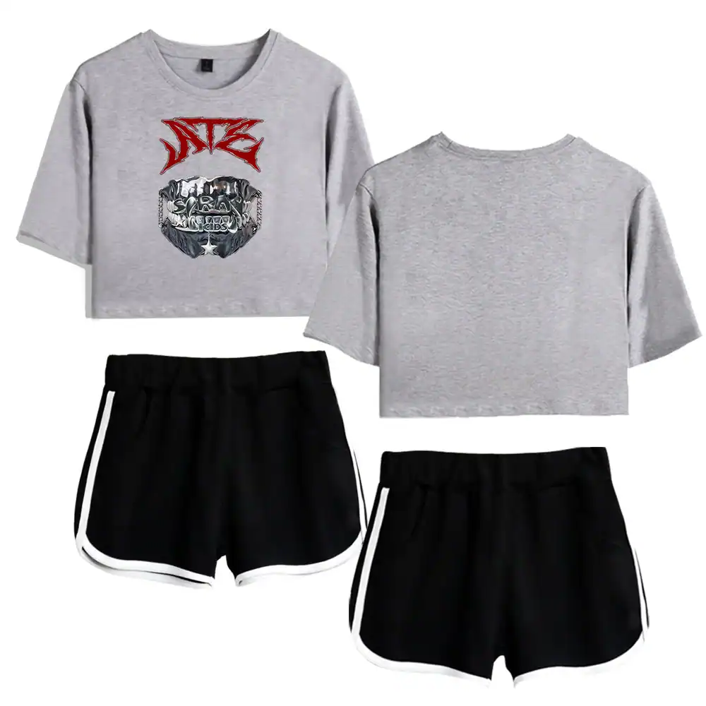 NFT graphic cropped sweatshirt and shorts set, streetwear style, casual trendy look, comfortable athletic wear, modern urban fashion, monochrome colors, versatile K-pop inspired apparel.