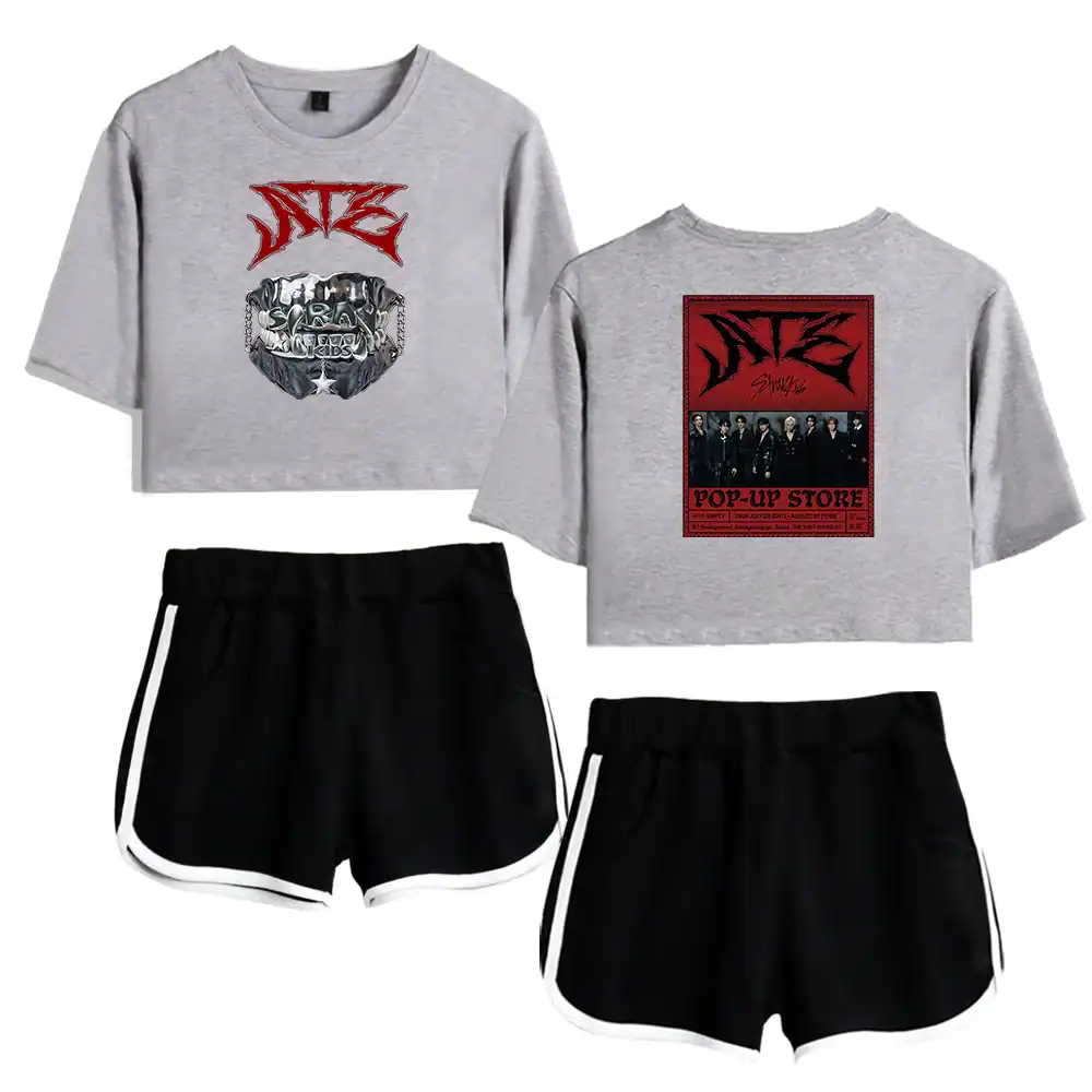 NCT Kpop merch cropped t-shirts and shorts set featuring band logos and designs.