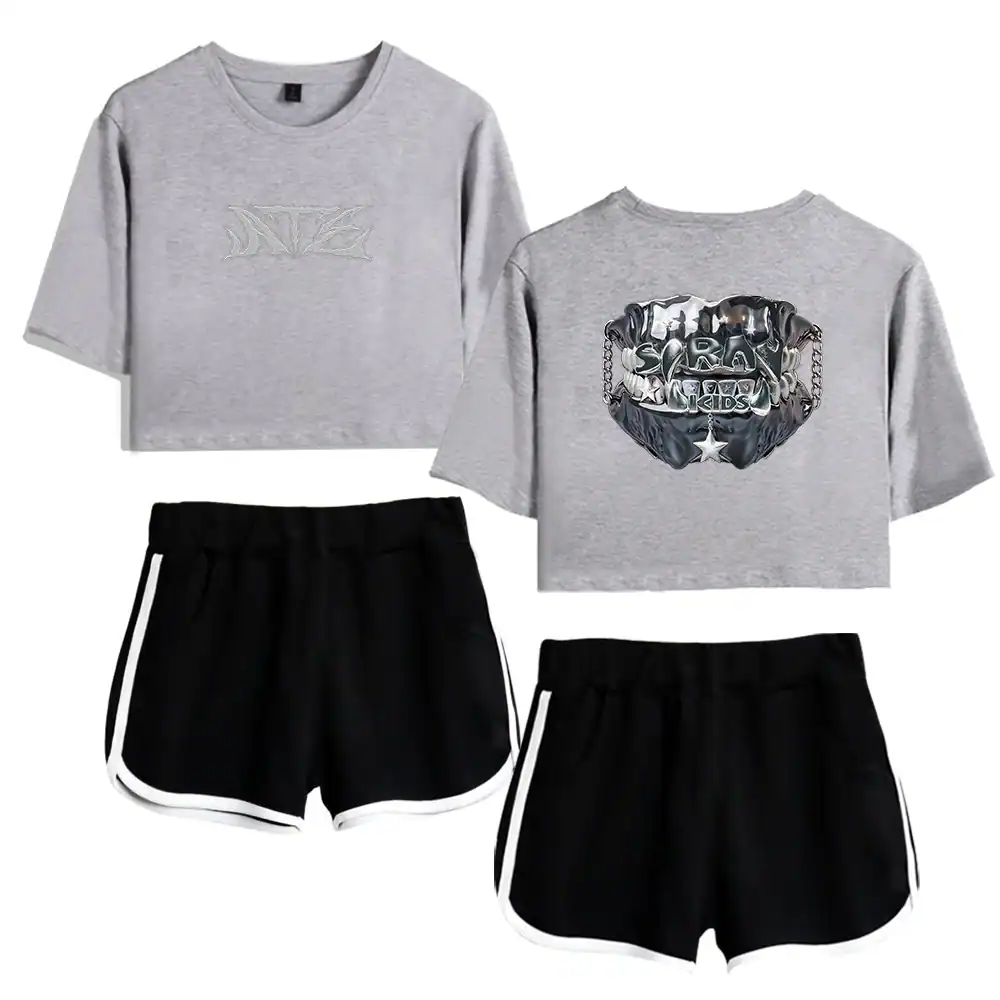 Comfy grey kpop crop tops with graphics.