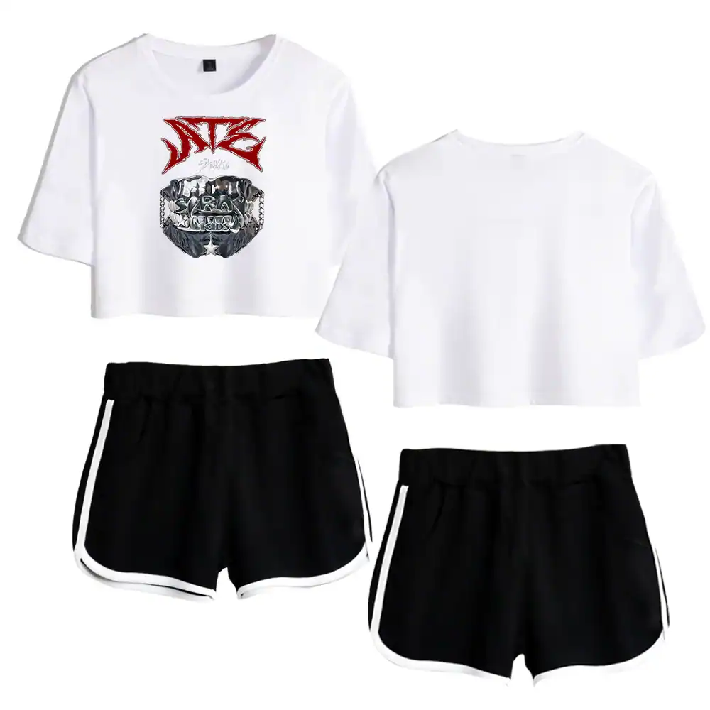 Graphic t-shirt with bold design and black athletic shorts with white trim, perfect for K-pop fan fashion.
