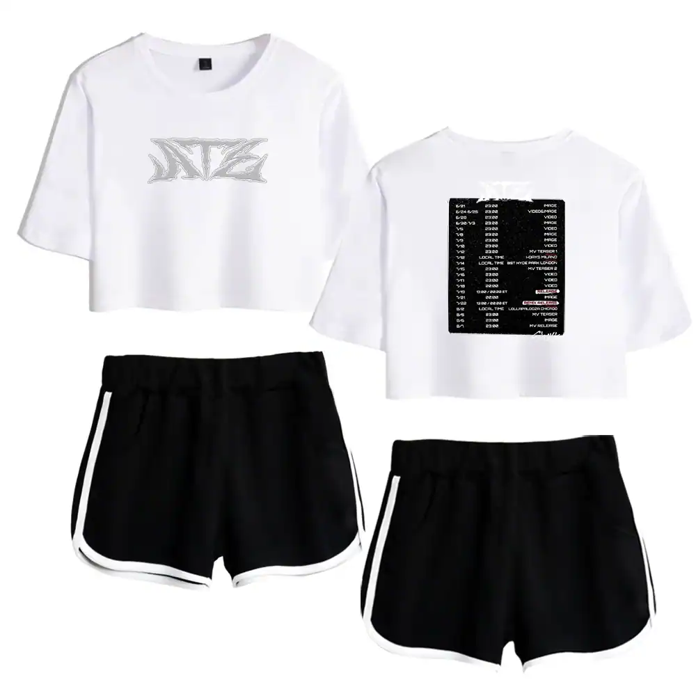 Stylish K-pop merch set featuring matching crop top and shorts with bold graphic designs.