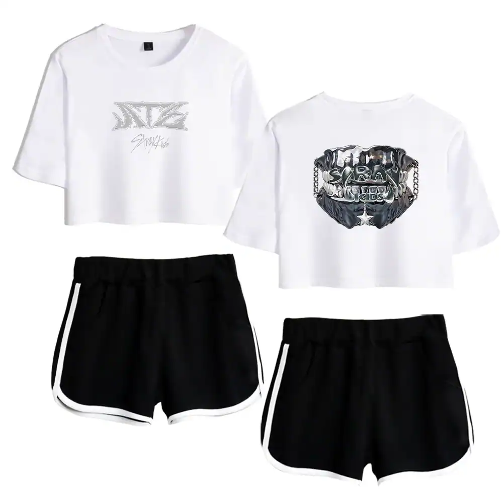 Graphic crop tops and black sports shorts ensemble for K-pop merchandise fans.