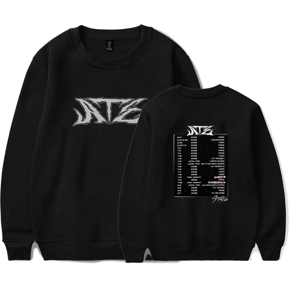 AToT text only: Black Kpop merch sweatshirt with graphic design and branding details.
