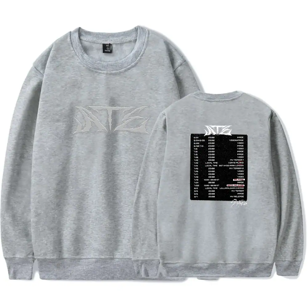Vintage design gray K-pop merch sweatshirt with front graphic and back print of concert setlist and dates.