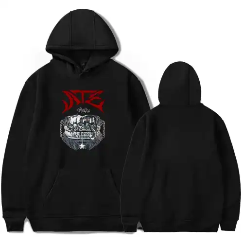 High-quality black hoodie with bold red and silver K-pop inspired graphic design, perfect for Kpop merch fans and music enthusiasts.