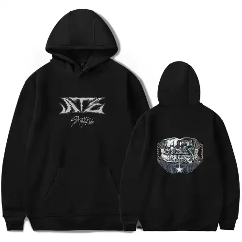 Black hoodie with graffiti-style art and chain graphics, perfect for K-pop fans and streetwear enthusiasts.