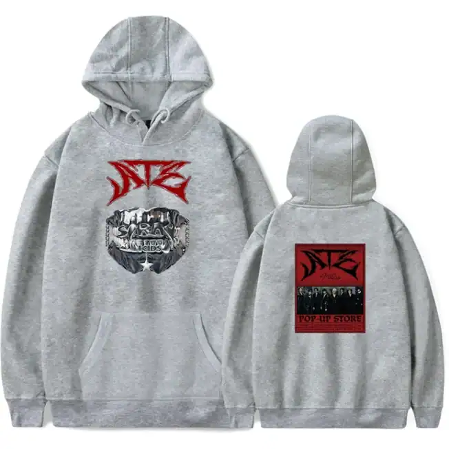 Gray hoodie with K-pop band logo and graphic print, perfect for fans of the music genre. Unisex and comfortable for everyday wear.