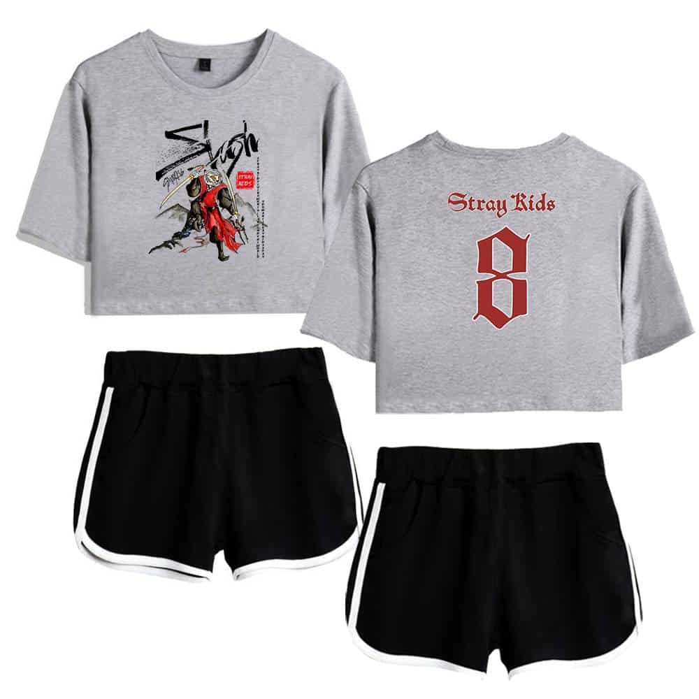Stylish gray cropped T-shirts featuring bold graphic prints, paired with black sporty shorts with white trim, perfect for K-pop fans and merchandise collection.