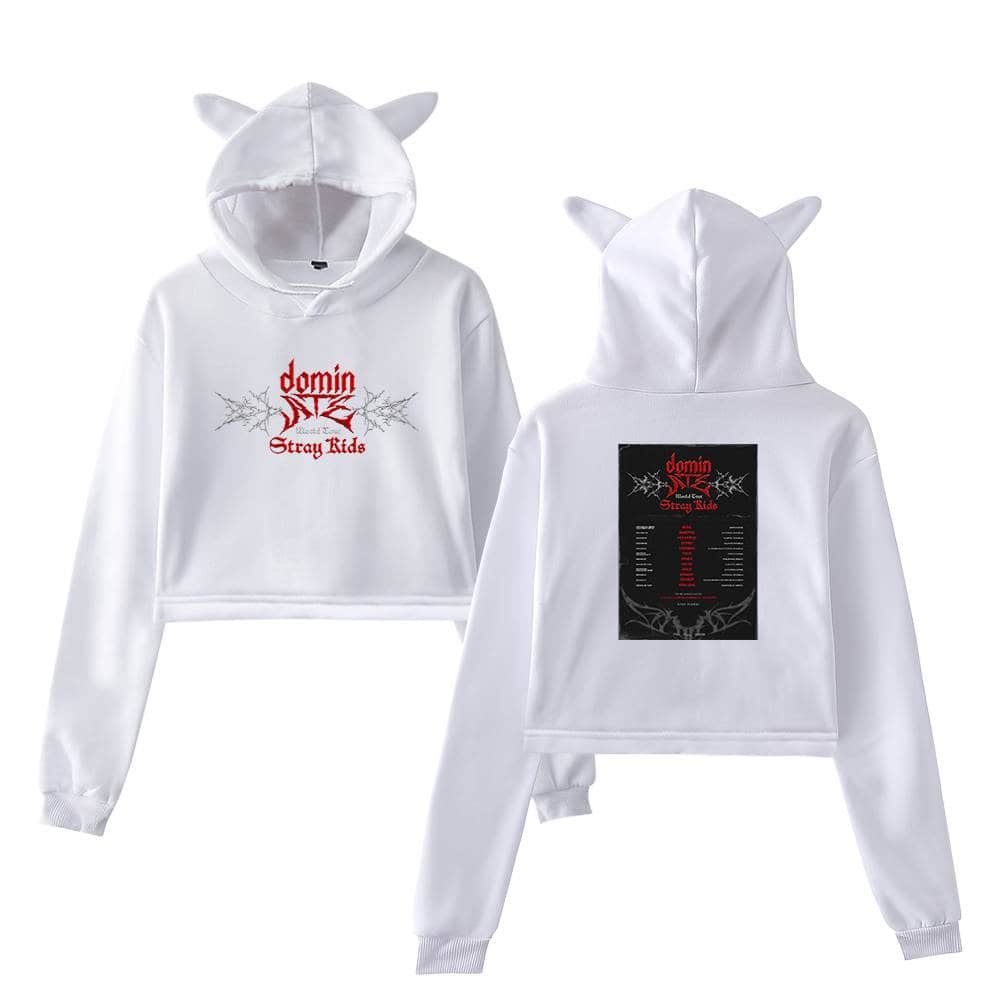 White hoodie with "domino" and "Stray Kids" printed on front, featuring horned ears on the hood, perfect for K-pop merchandise fans.