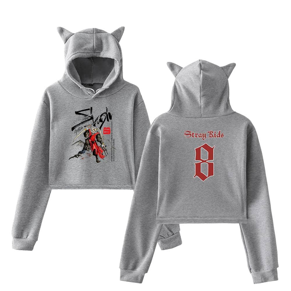 Bold gray hoodie set with cat ears, featuring "Stray Kids" text and cartoon character print, perfect for K-pop fans.