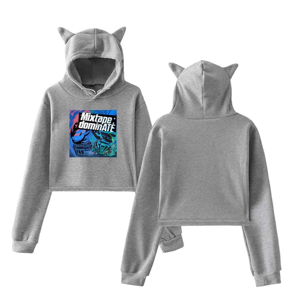 Cute gray hoodie with cat ears and graphic print, perfect for K-pop merchandise fans.