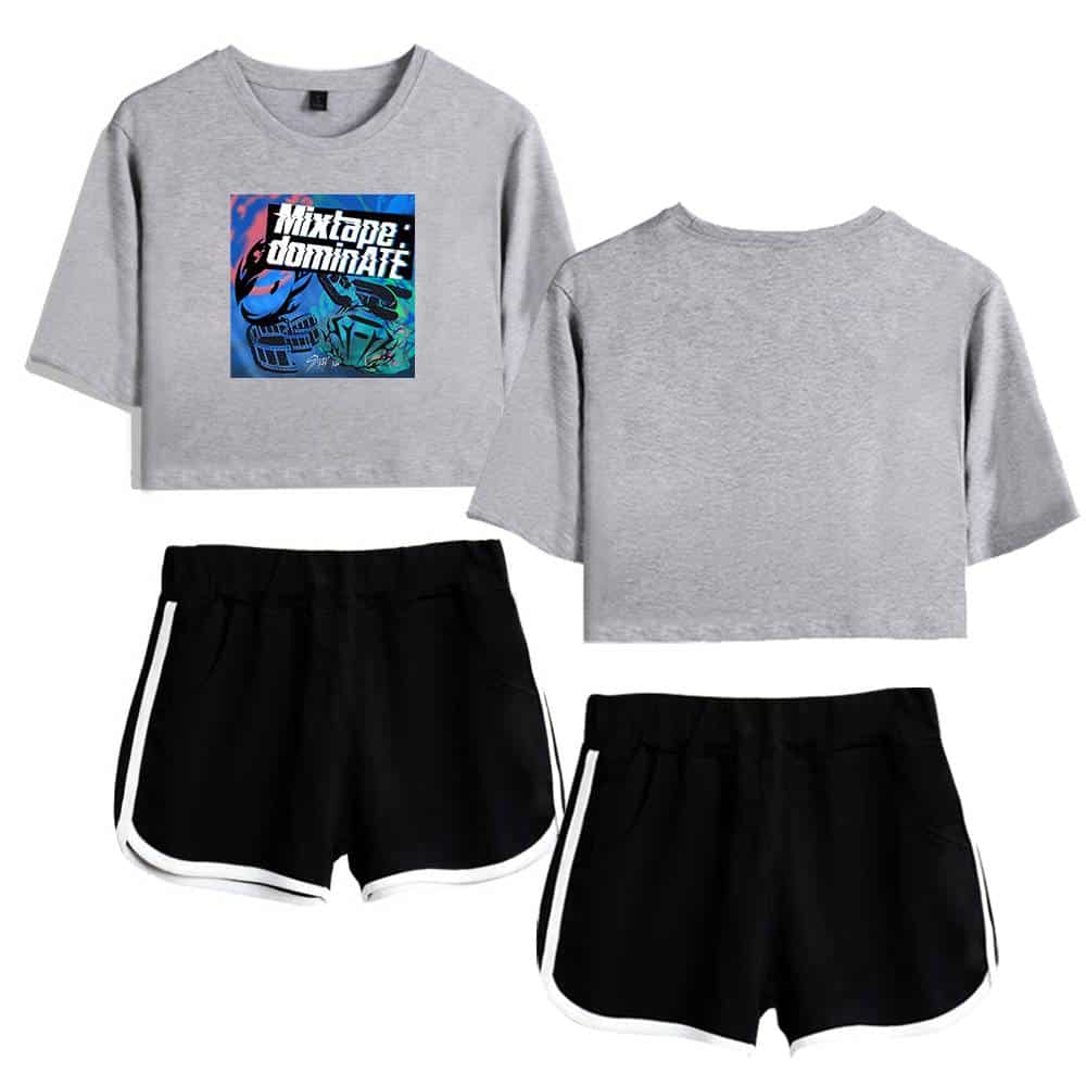 Stylish grey cropped T-shirts paired with black sports shorts with white trim, perfect for K-pop fans.