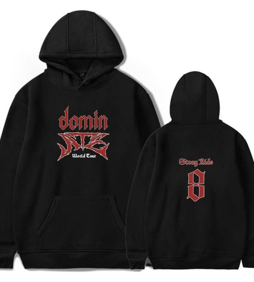 D on hoodie with logo and text.