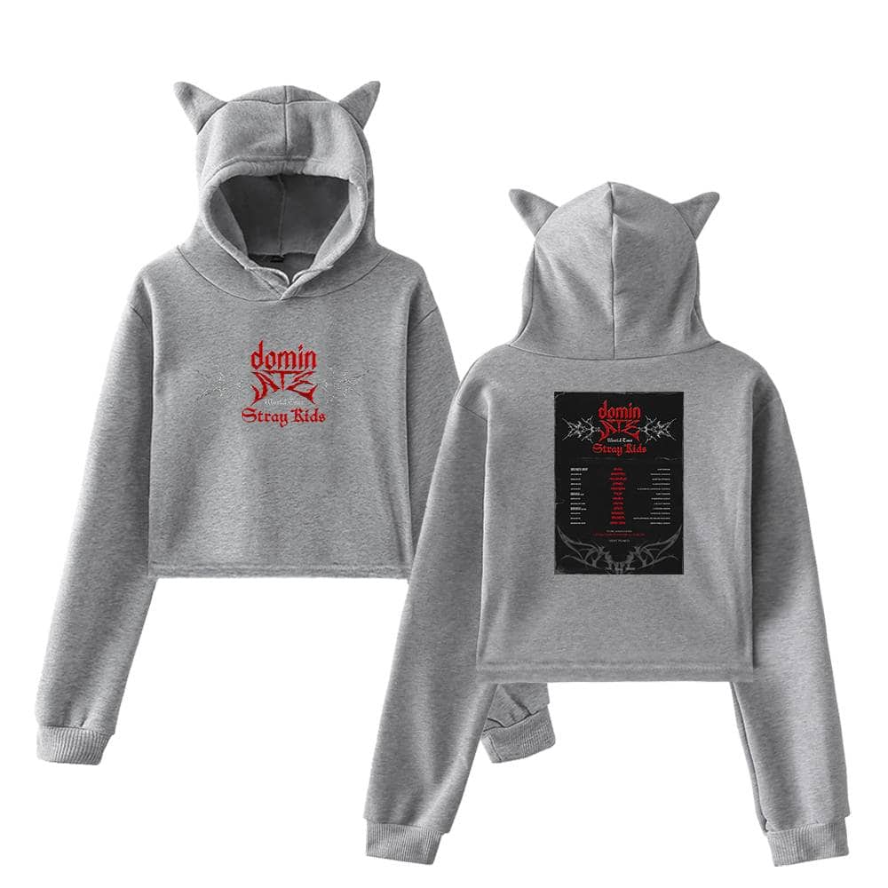 Hoodie with cat ears and "dom in" text design, suitable for Kpop fans.