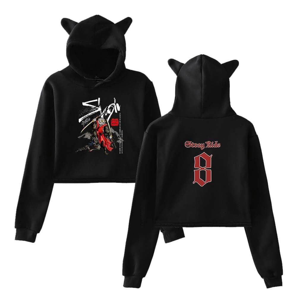 Black hoodies with cat ears, featuring bold graphic prints and streetwear-inspired designs, perfect for K-pop fans and fashion enthusiasts alike.
