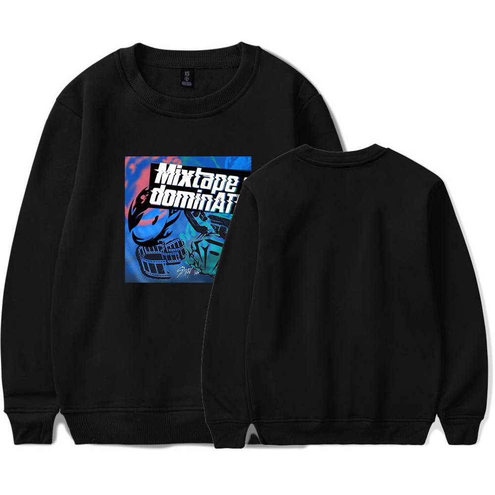 Skateboard and graffiti graphic black sweatshirt for K-pop merch fans.
