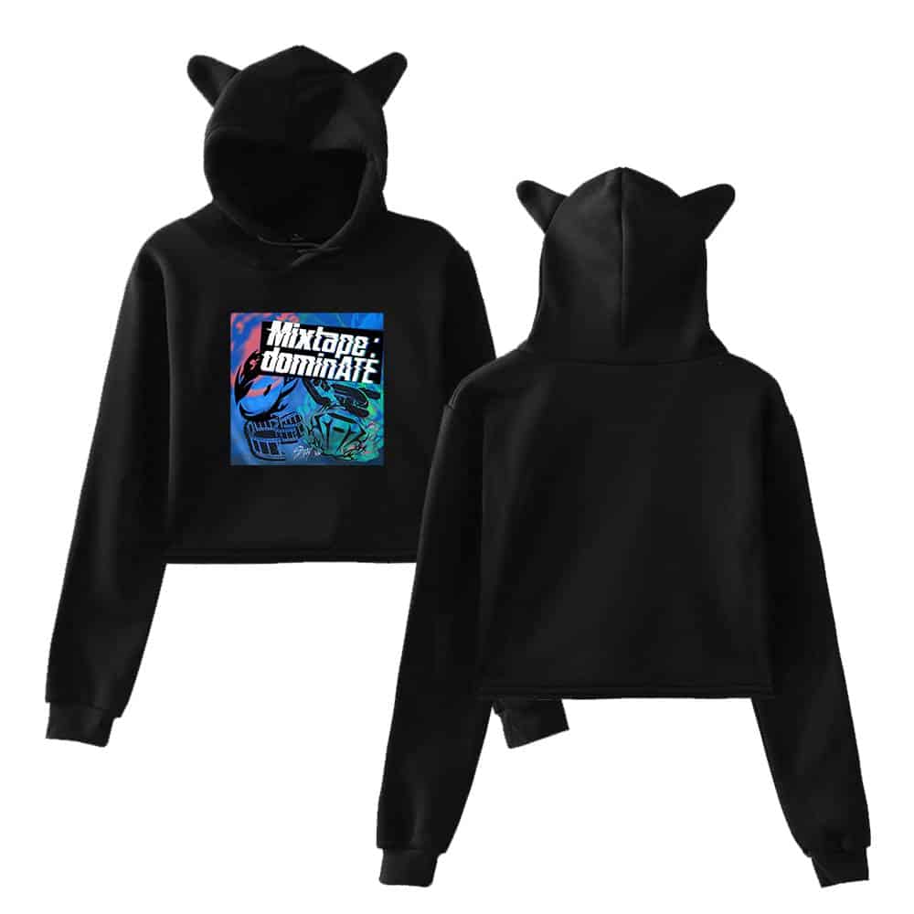 Black hoodies with cat ear hoods, featuring vibrant graphic designs and lyrics, perfect for K-pop fans.