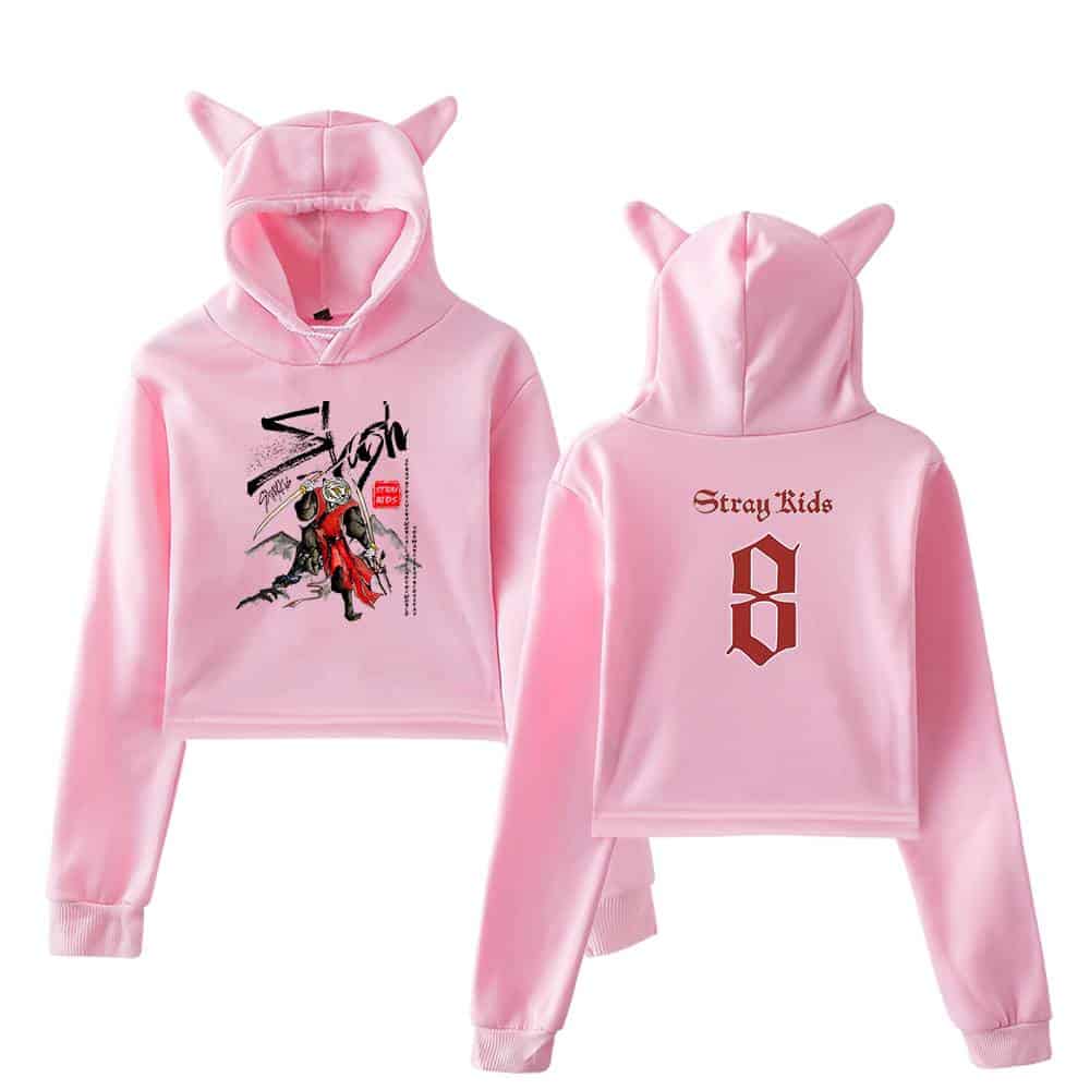 Pink kpop hoodie with cat ears and graphic design, featuring "Stray Kids" logo on the back.