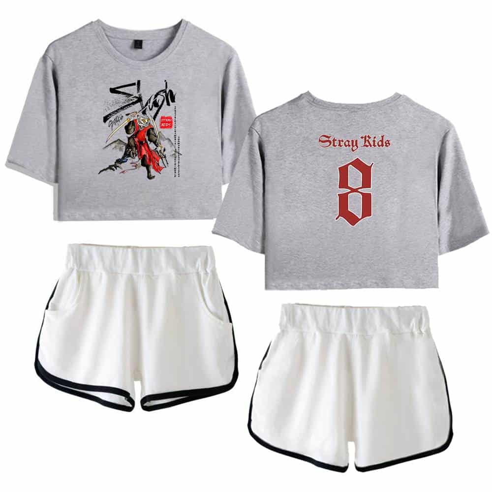 Kpop merch sweatshirt and shorts set featuring Stray Kids design and logo, stylish and comfortable anime-inspired casual wear for K-pop fans.