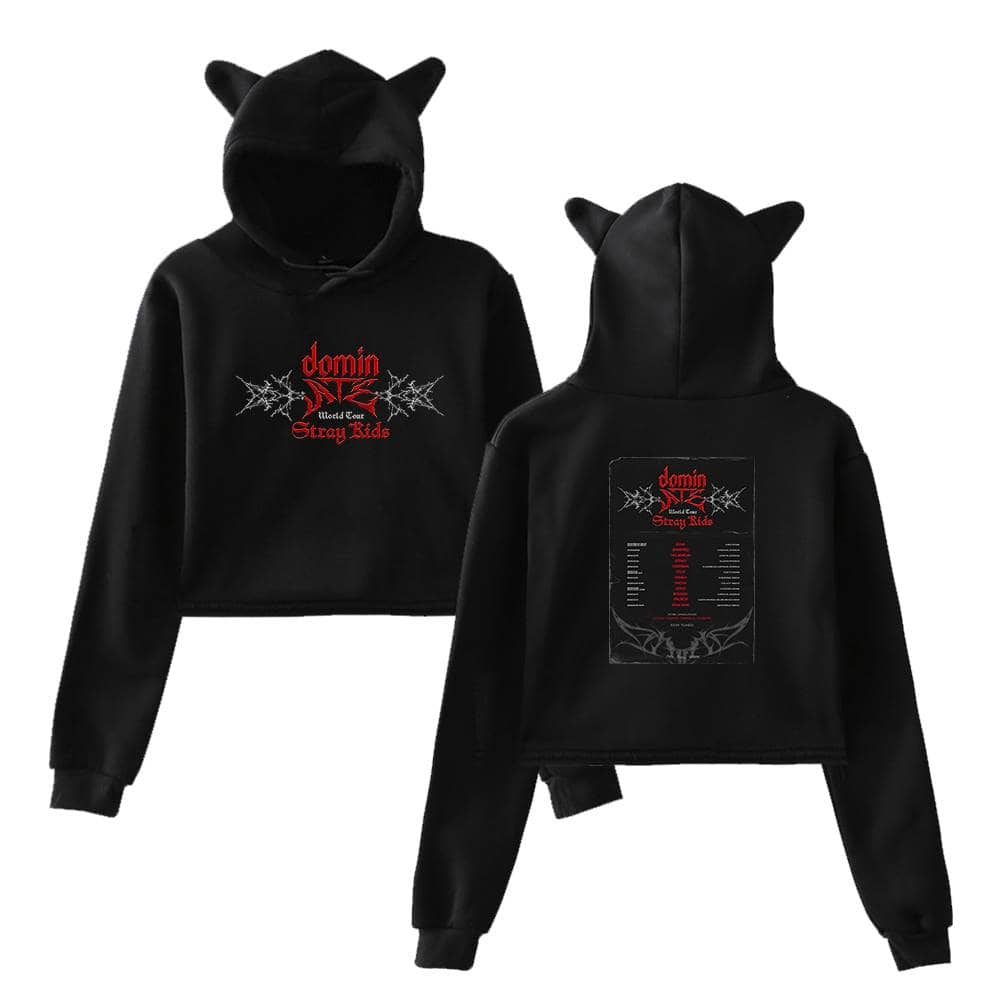 Oversized black hoodie with "dormin" logo and stay kids text, featuring cute cat ear hood and graphic print, perfect for K-pop merch fans.