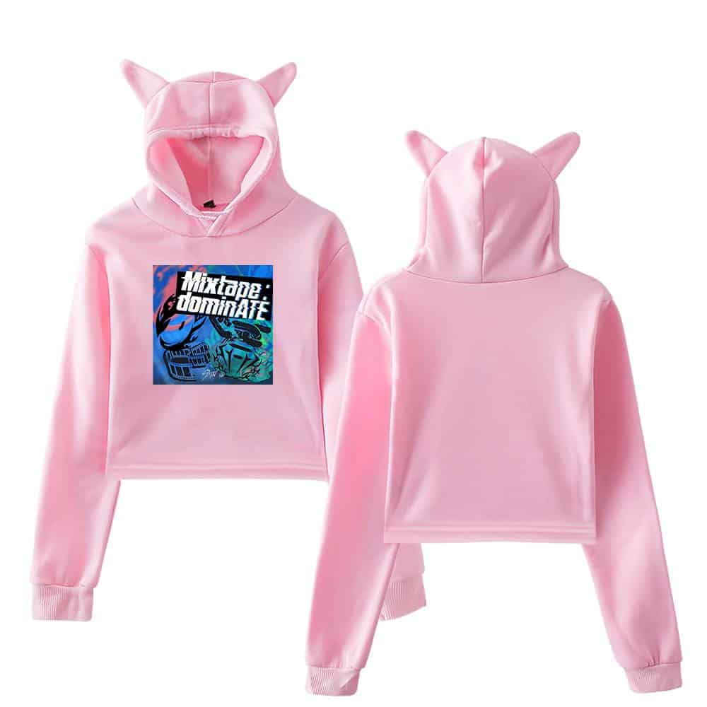 Pink hoodie with cat ears and "Mixtape: Dominate" graphic print, perfect for K-pop fans.