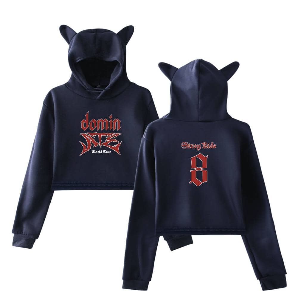 Hoodie with animal ears, dark color, "domin" and "Stray Kids" text, K-pop merchandise, stylish casual wear for fans.