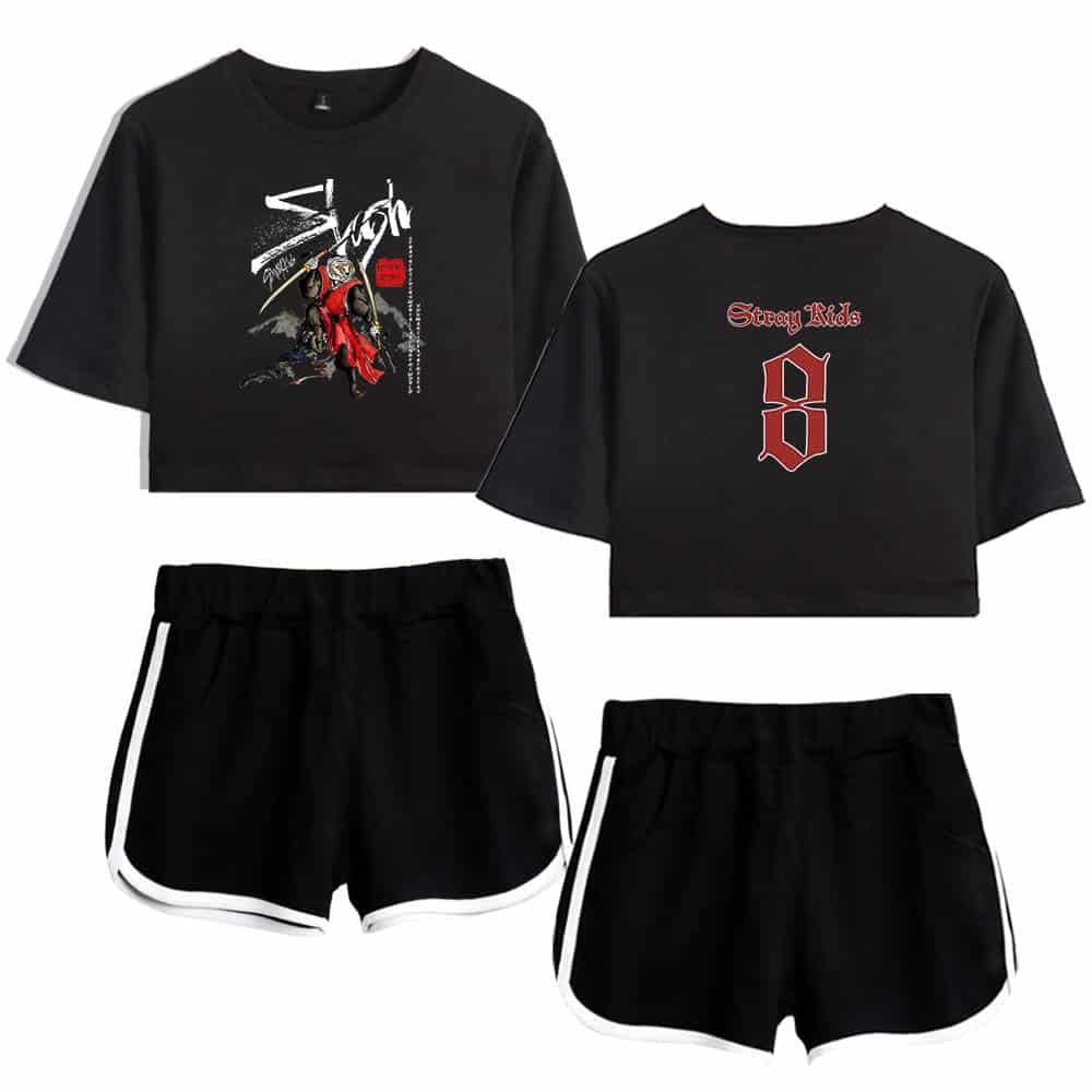 Stylish K-pop themed crop tops and shorts set featuring bold graphic designs and streetwear-inspired style. Perfect for K-pop fans and fashion enthusiasts.
