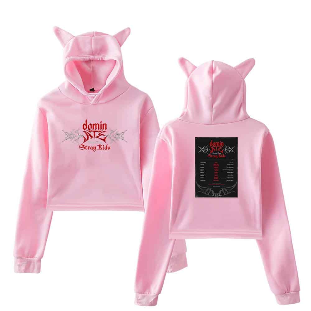 Pink hoodie with cat ears and "Dominator Stray Kids" print, made of satin-like material with back print, perfect for K-pop fans.