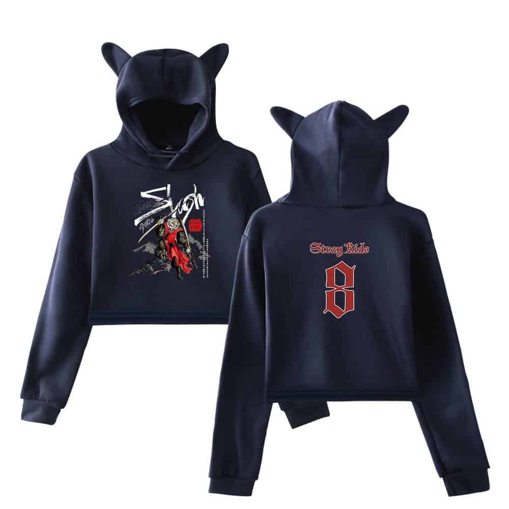 Stylish black hoodies with cat ear hoods, featuring bold graphics and "Stray Kids" embroidery, perfect for K-pop fans and streetwear enthusiasts.