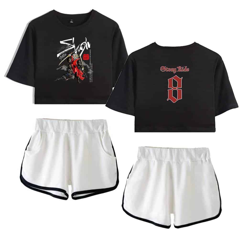 Anime-inspired sporty crop top and shorts set featuring bold graphics and text design. Perfect for casual wear and K-pop merchandise fans.