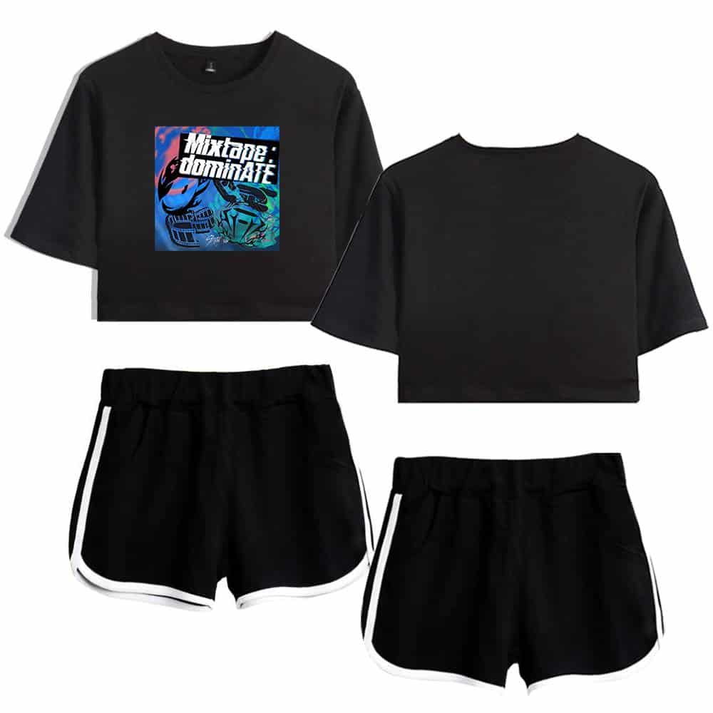 Stylish black K-pop merch set with cropped T-shirts and athletic shorts featuring sporty stripes and graphic design.