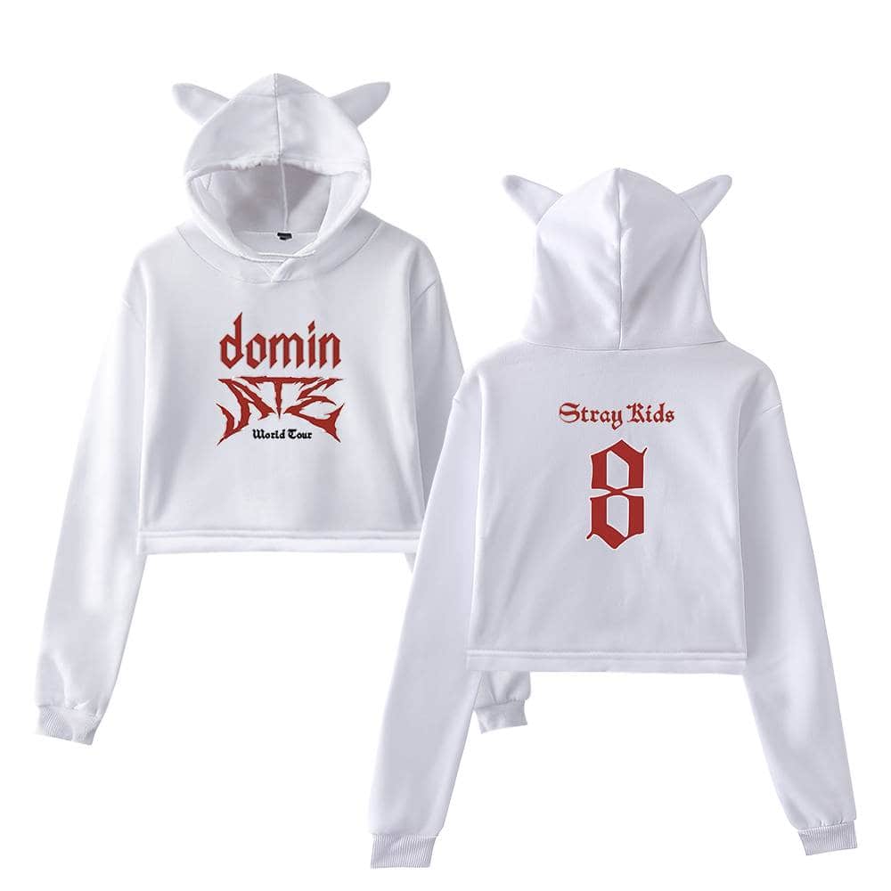 White K-pop hoodie with cat ears, featuring logo and text design.