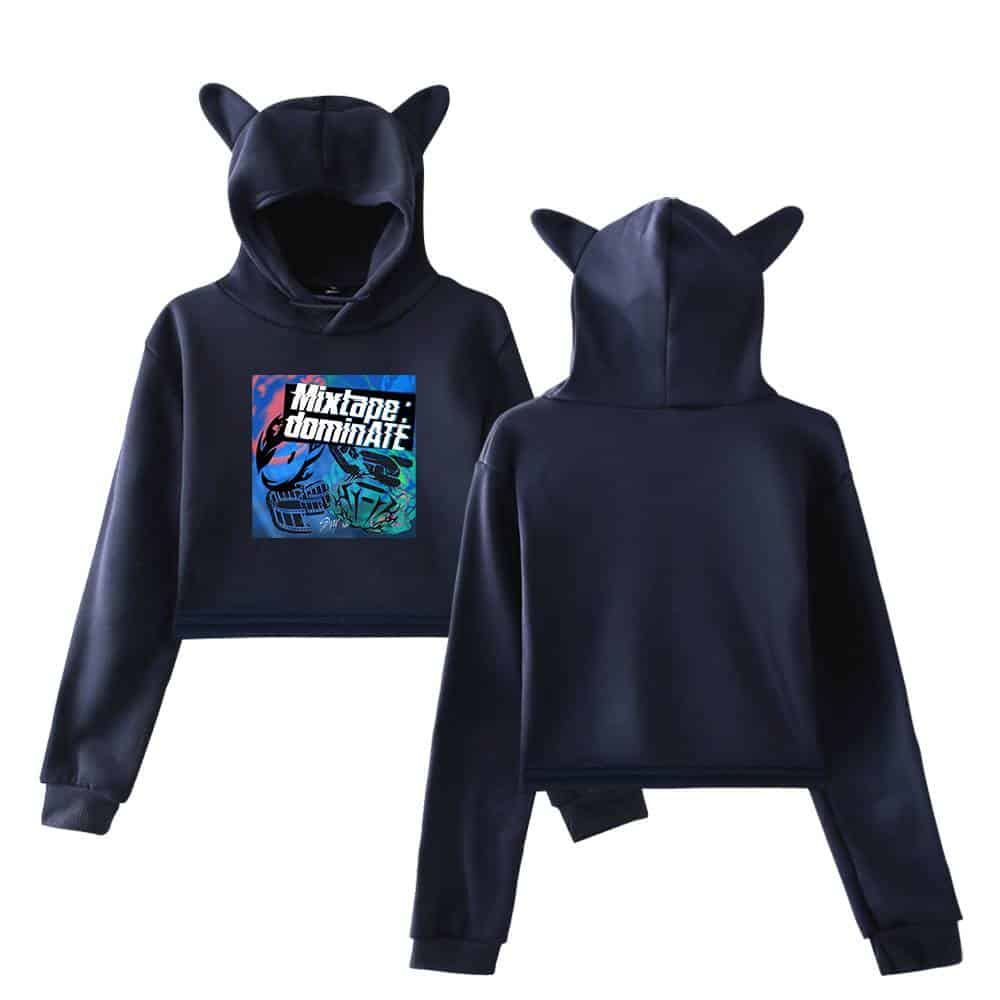 Black faux leather hoodie with cat ears, "Mixtape Dominate" graphic, stylish unisex streetwear, K-pop merchandise hoodie, trendy dance music fan apparel.