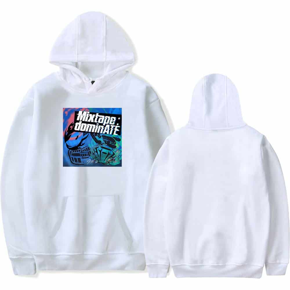 Colorful graffiti-style graphic hoodie with "Mixtape: DOMINATE" text on the front, white hoodie, perfect for K-pop merch fans and streetwear enthusiasts.