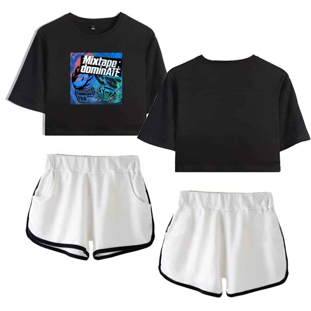 Graphic t-shirt with K-pop inspired design and shorts set for stylish fanwear.
