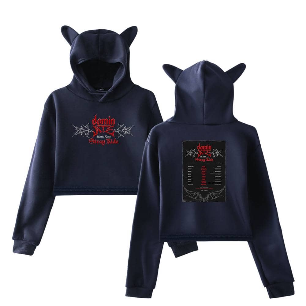 Soft black hoodie set with cat ears and "domino" and "Stray Kids" embroidery, perfect for K-pop merchandise fans.