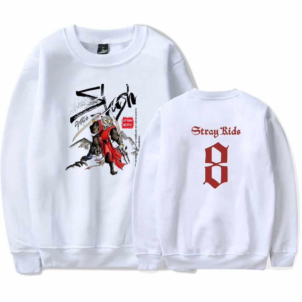 High-quality white sweatshirt featuring Stray Kids artwork and logo.