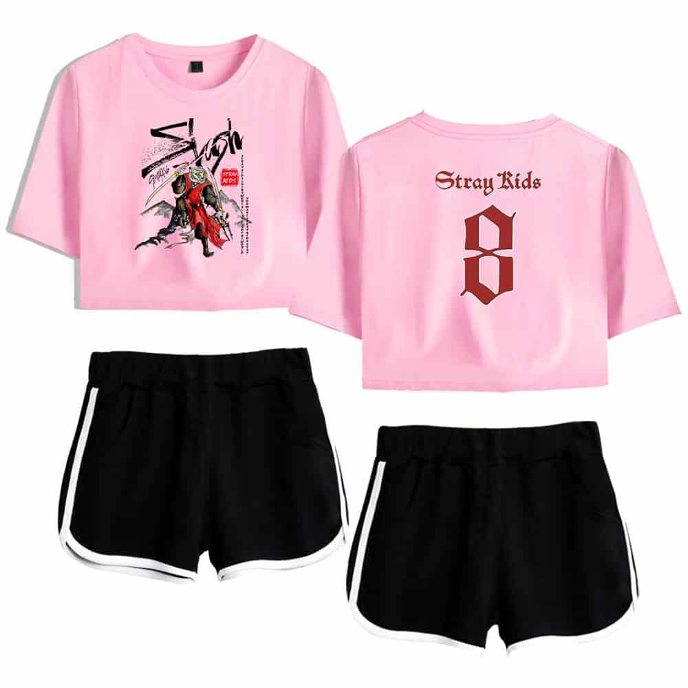 Pink K-pop fan club t-shirt with graphic design and black sporty shorts with white trim, perfect for K-pop merchandise collectors.