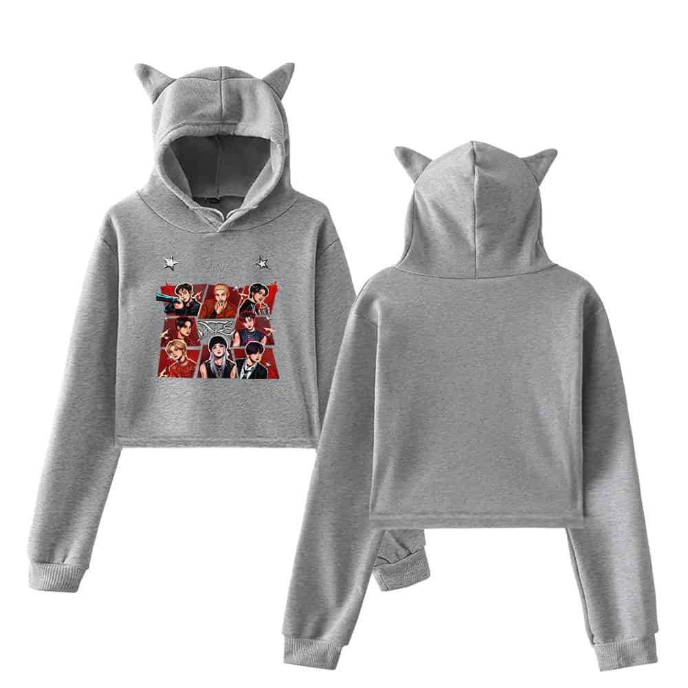 Cute grey hoodie and sweatpants set with K-pop boy band graphic print and cat ear hood detail. Perfect for fans to showcase their love for their favorite group.